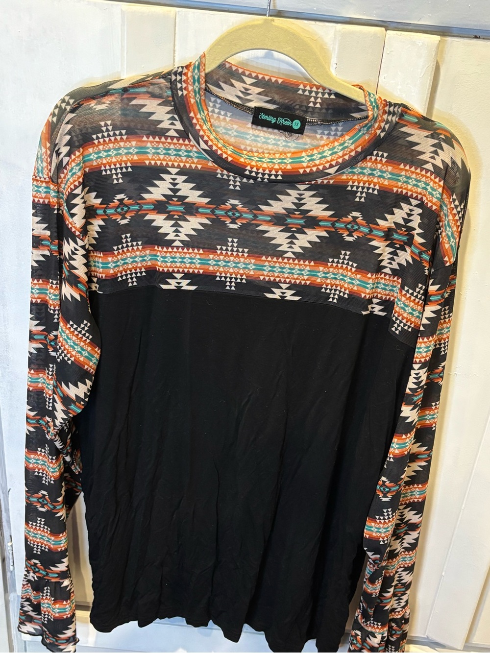 Long-Sleeve Aztec Yoke Tunic in Black and Orange Accents